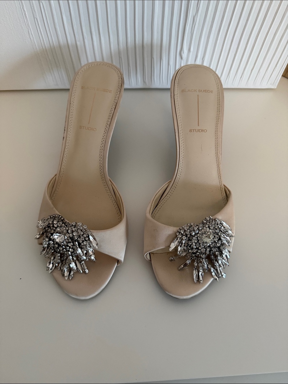 Black Suede Studio Women's Beige Embellished Slide Mules one of a kind sample